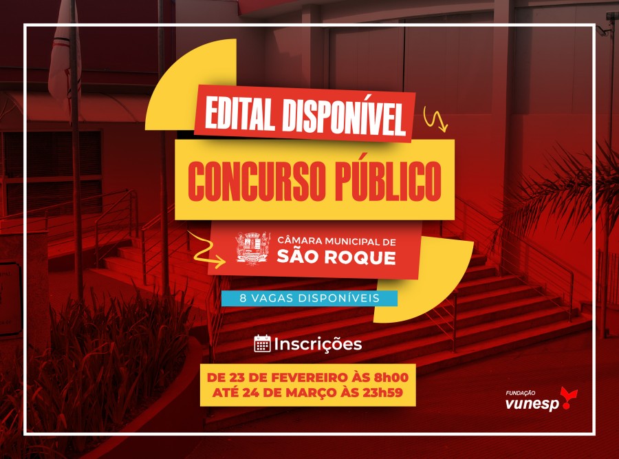 Vereador anuncia inscrições abertas para concurso público na Câmara de São Roque até 24 de março.