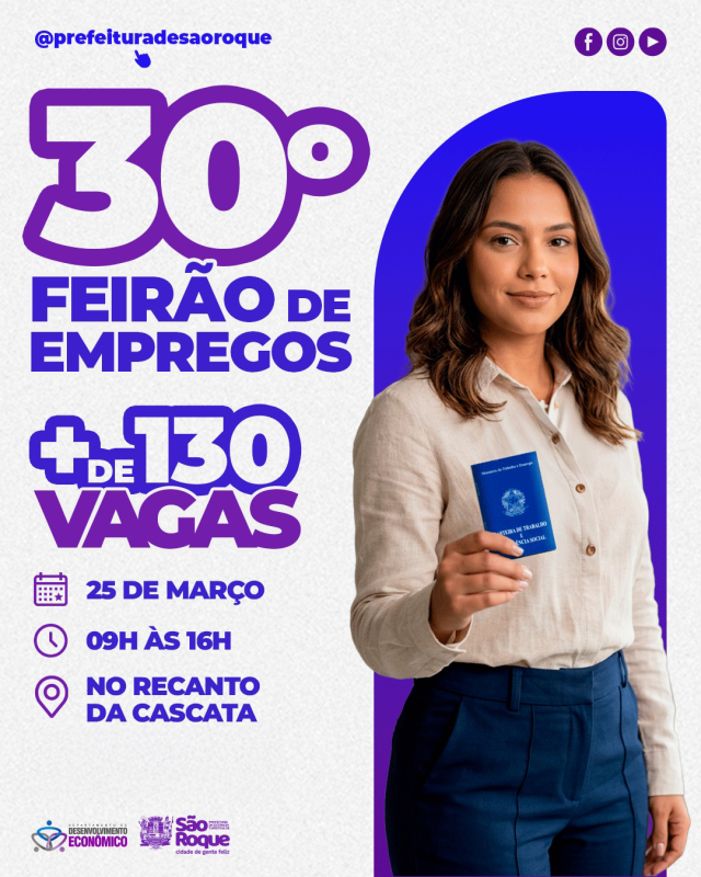 Vereador anuncia 30º Feirão do Emprego em São Roque com 130 vagas disponíveis.