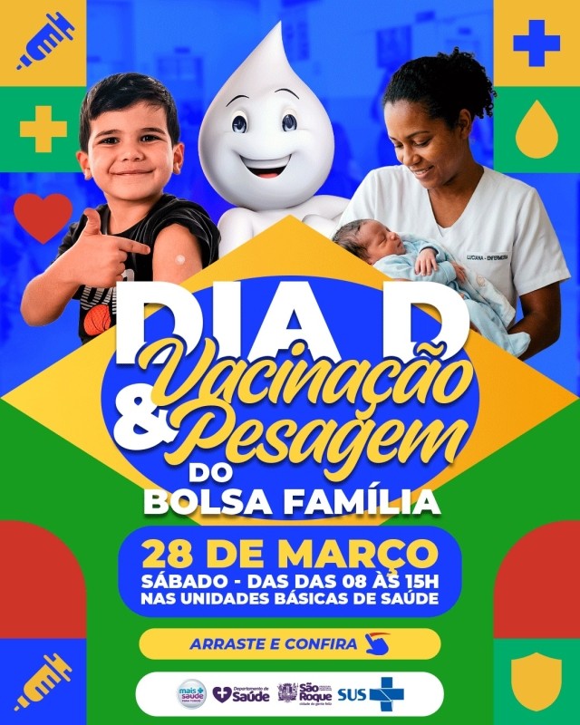 Criança mostra curativo após vacina. Enfermeira segura bebê. Na imagem, "Dia D" de vacinação e pesagem do Bolsa Família.