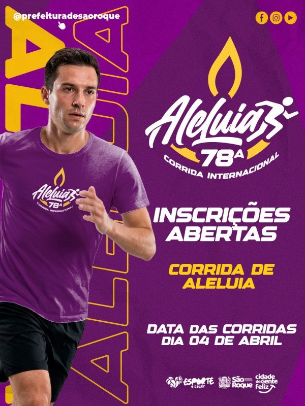 Em arte promocional, homem corre com camisa da "Corrida de Aleluia". O evento, com inscrições abertas, ocorrerá em 04 de abril. Logo da corrida em destaque.