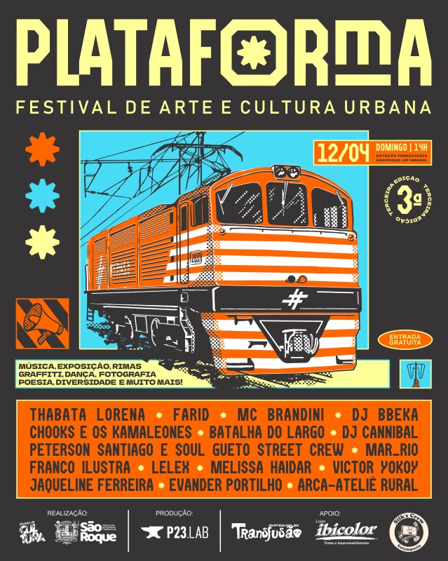Cartaz do festival Plataforma com um trem estilizado em laranja e branco. Informações sobre atrações, local e entrada gratuita também estão presentes.
