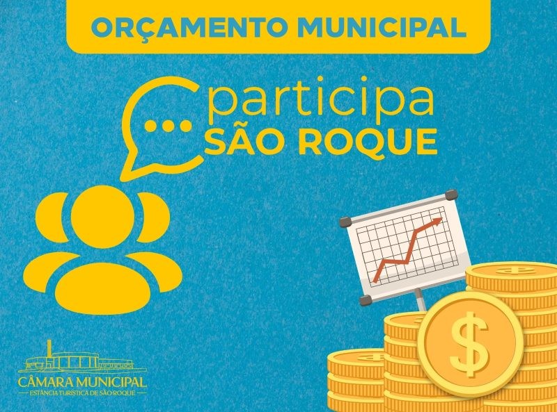 Imagem ilustrativa para o orçamento municipal de São Roque. Destacam-se símbolos de diálogo, pessoas, gráfico de crescimento e moedas, promovendo a participação popular.