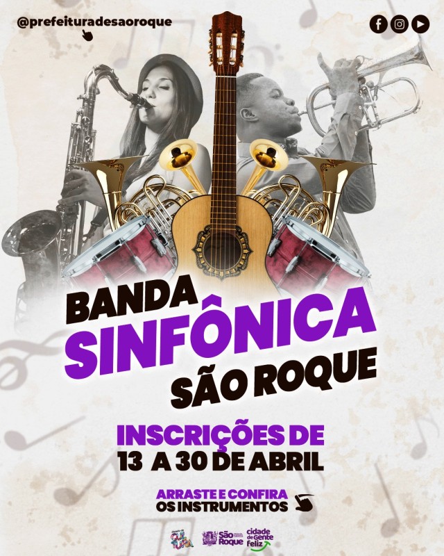 Arte de divulgação da Banda Sinfônica de São Roque, com saxofone, trompete, bateria e violão. Inscrições abertas de 13 a 30 de abril.