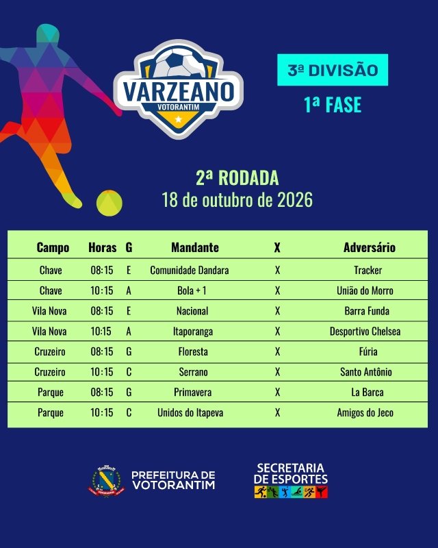 Rodada do Varzeano da 3ª Divisão terá oito jogos em quatro campos de Votorantim