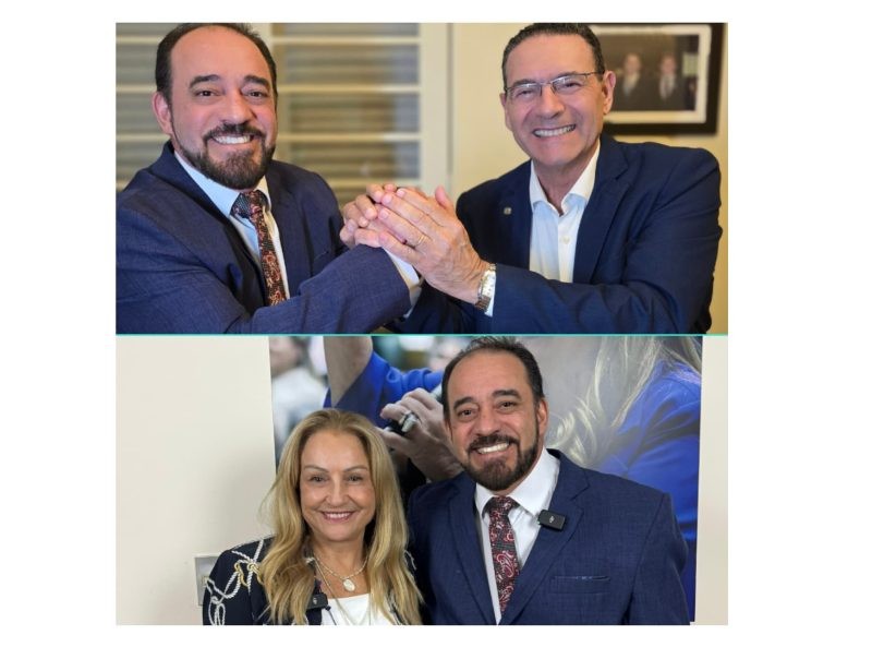 Em duas fotos, Vereador Wanderlei da Qualiser aparece com outros, celebrando conquista de recursos para implantação da lei que garante psicólogos e assistentes sociais nas escolas.