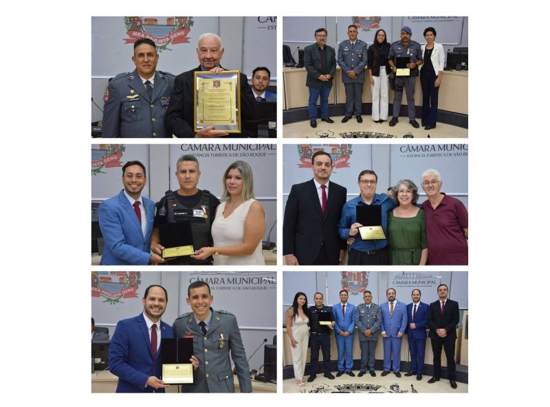 Em diversas fotos, autoridades entregam homenagens a policiais em solenidade da Câmara Municipal de São Roque, em comemoração ao dia da categoria.