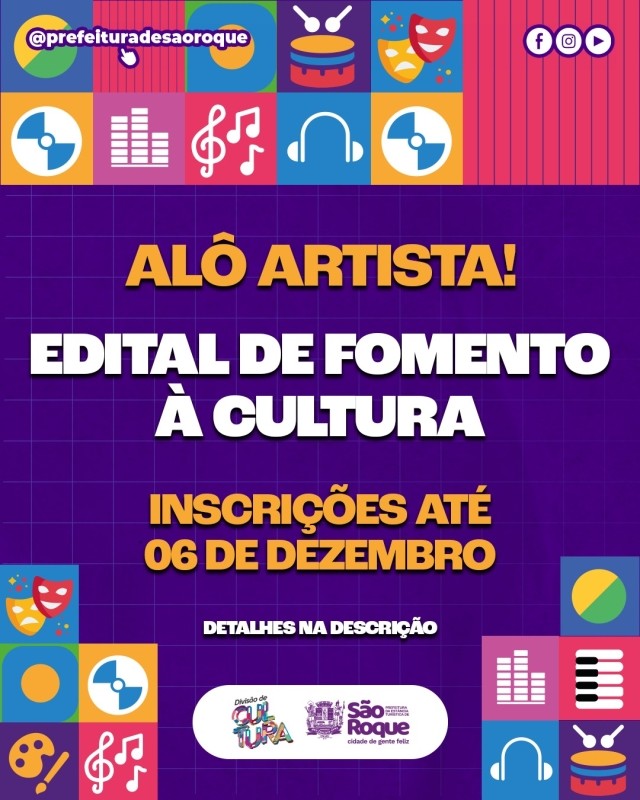 Inscrições abertas para projetos culturais do Fundo Municipal de Cultura em São Roque.