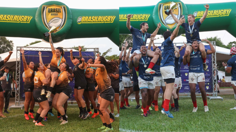 Campeonato Brasileiro de Rugby Sevens no Estádio Quintino de Lima, com equipes em ação e torcida animada.