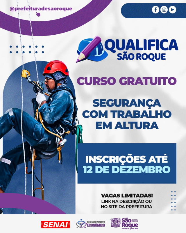 Inscrições abertas para curso gratuito NR 35 de Segurança em Altura em São Roque, ministrado pelo SENAI.