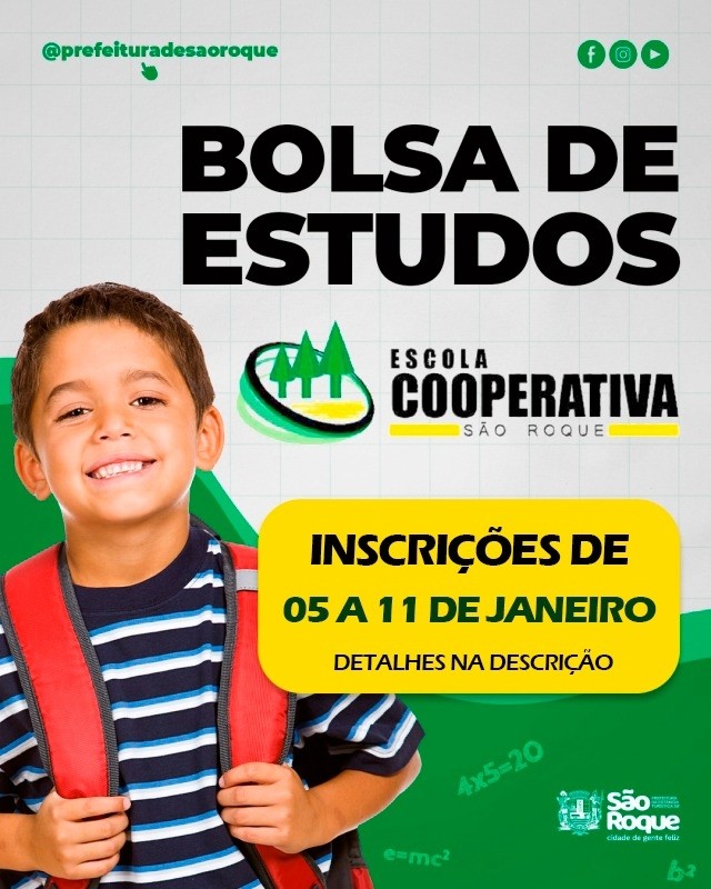 Prefeitura de São Roque abre inscrições para bolsas de estudo na Escola Cooperativa.