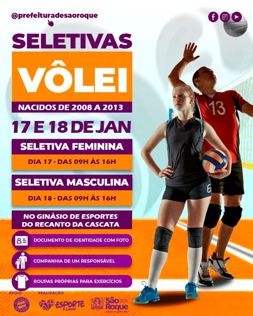 Seletiva de vôlei em São Roque com jogadores se preparando para representar a cidade nos campeonatos.